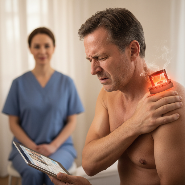 En mann som sitter foran en dataskjerm med jobbannonser og føler en brennende smerte i skuldrene, symbolisert av et glødende strykejern, mens han ubevisst holder pusten.