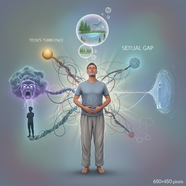 En mann i midten av et nett av familieutfordringer, med stormfulle følelser, et avstand til partner og hans egne verktøy for å finne ro og innsikt.