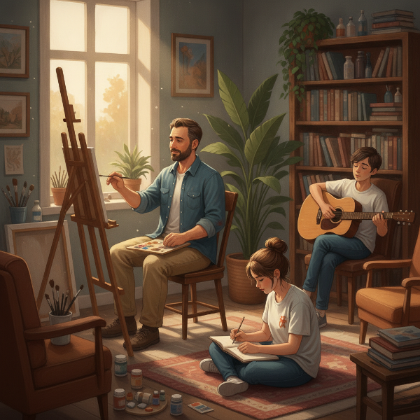 En kunstnerisk far maler i et rolig atelier mens hans to tenåringsbarn, en gutt og en jente, sitter i nærheten og håndterer stresset med panikkanfall og bekymringer.
