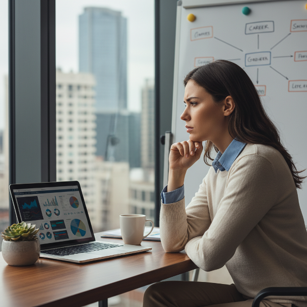 En kvinne i en kontorstol ser ut vinduet i et kontorlandskap, i dyp ettertanke. Lyset er mykt, og stemningen er reflekterende, med et lite potteplanter som symbol på mulig vekst.
