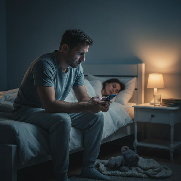 En mann som føler seg isolert og bruker telefonen mens hans utmattede partner hviler. Bildet viser spenningen mellom omsorg, eget behov og hverdagens krav i et hjem med et lite barn.