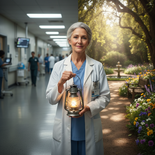 En sliten, men omsorgsfull sykepleier står ved et veiskille mellom et krevende sykehus og en fredelig hage, og symboliserer valget mellom å stille opp for andre og å ta vare på seg selv.