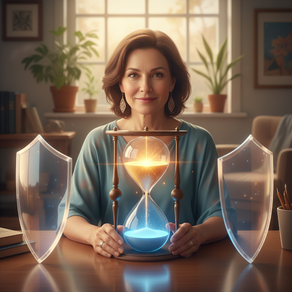 En omsorgsfull kvinnelig psykolog ved skrivebordet sitt med et timeglass som lyser, der arbeidstid strømmer over i personlig tid, omgitt av mykt lys og sunne grenser som skjold.