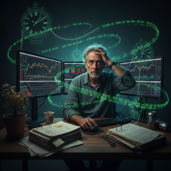 En mann i 60-årene fanget i et nett av skjermer og aksjekurser, som symboliserer tvangsmessig atferd og tap av fokus.