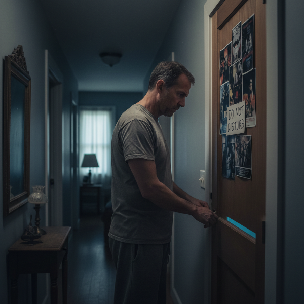 En far står i en halvmørk gang og ser bekymret mot sin tenåringssønns lukkede dør, et bilde på foreldrebekymring og ønsket om kontakt.