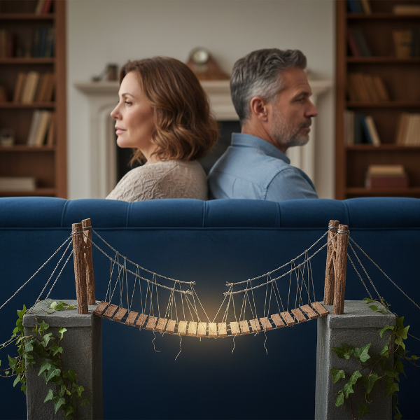 Et bilde av et par i stuen, sittende på hver sin side av en sofa, med en ufullstendig bro mellom dem, som symboliserer avstand og potensial for gjenforening.