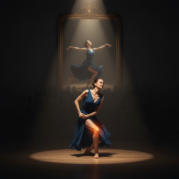 En danser opplever kneknep under en opptreden foran et skyggefullt publikum, mens speilbildet i bakgrunnen viser ham fri for smerte i et avslappet øyeblikk alene.