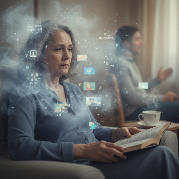 En kvinne som føler seg overveldet og isolert på grunn av depresjon, med en tunghodet og tåket følelse som gjør det vanskelig å konsentrere seg om enkle oppgaver.