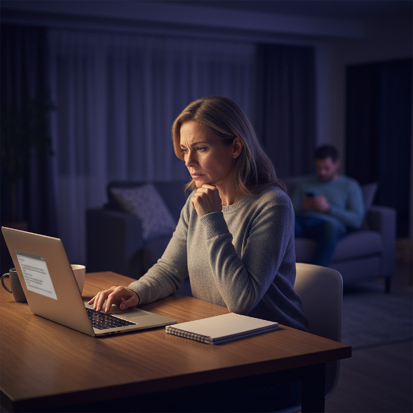 En kvinne som jobber hjemmefra ser på et skjult chat-vindu mens hennes partner er distansert i bakgrunnen, og illustrerer følelsesmessig avstand i et moderne parforhold.