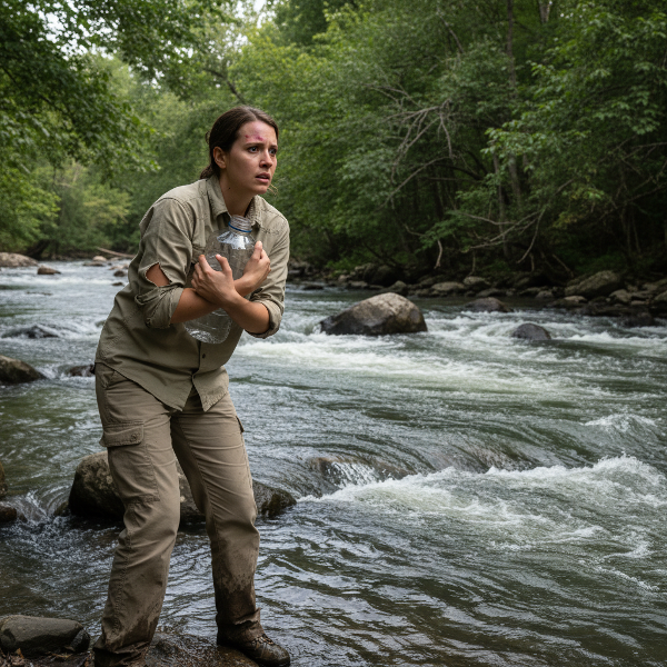 En ung kvinnelig miljøforskningstekniker står engstelig ved en elvebredd med et tomt vannprøveglass, og viser konflikten mellom yrket og en nyvunnet vannfobi etter en ulykke.