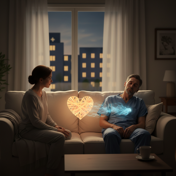 En utslitt sykepleier hjemme på sofaen, med energi som strømmer tilbake mot jobben, mens intimitetens hjerte er dempet.