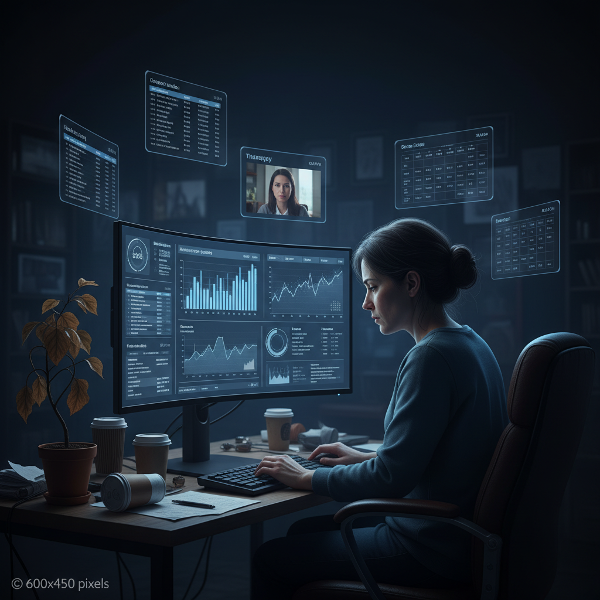 En utbrent kvinnelig psykolog sitter foran en skjerm med mange oppgaver, mens hennes drøm om å hjelpe visner ved siden av.