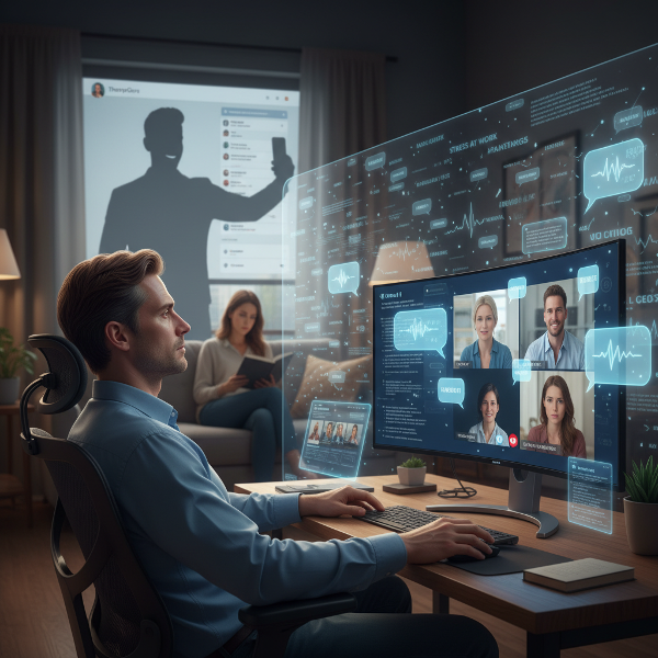 En utbrent mann i hjemmekontor omgitt av digitale grensesnitt, med partner i bakgrunnen og en barriere av andres problemer mellom dem.