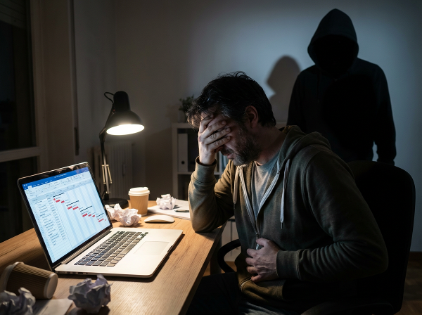 En mann i 30-årene som viser tegn på utbrenthet og angst mens han jobber sent ved en datamaskin, med kroppssymptomer og en følelse av overveldelse.