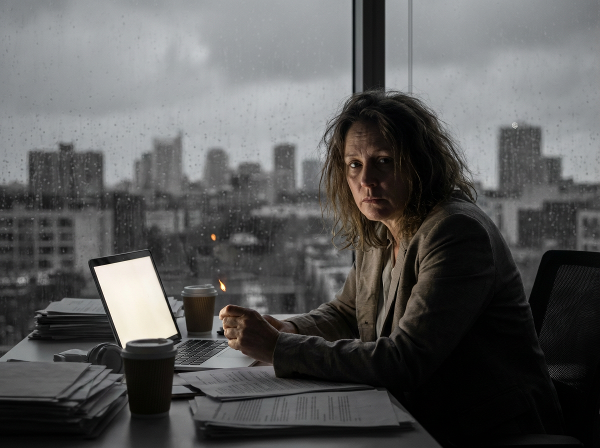 En utbrent prosjektleder i en fargeløs verden, med en eneste liten gnist som symbol på håp.