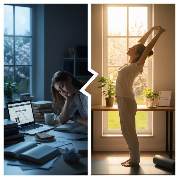 En ung kvinnelig psykolog ved et skrivebord sent på kveld, med åpen laptop og bøker, som føler seg utmattet og fanget mellom å hjelpe andre og å ta vare på seg selv.