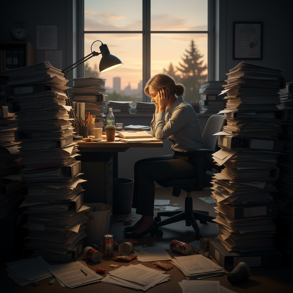 En kvinne i kontorlandskapet føler seg overveldet og utbrent, omgitt av høye stabler med papirer og med hodepine, mens et vindu viser en rolig solnedgang hun ikke når å nyte.