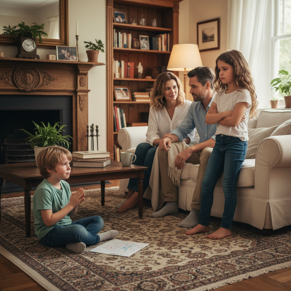 Et bilde av en familie som kommuniserer rolig og respektfullt i hjemmet, mens foreldrene diskuterer og barna uttrykker følelser.