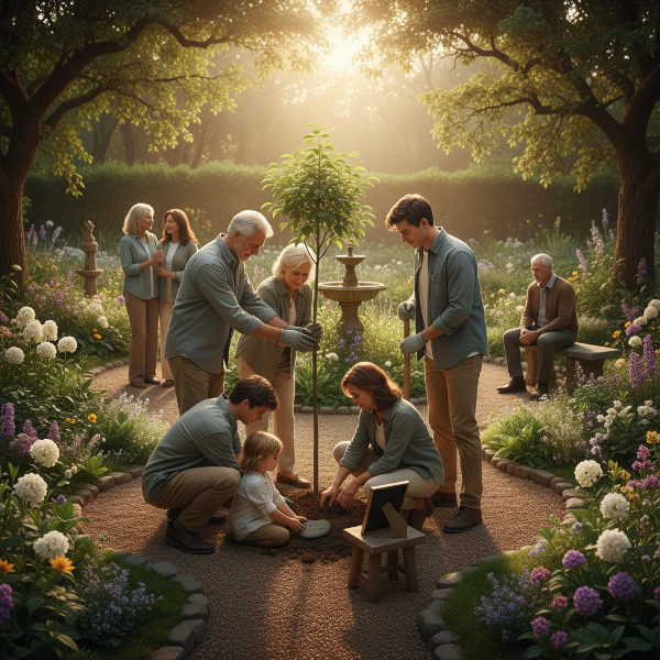En familie planter et tre sammen i en rolig hage ved solnedgang, som et felles ritual for å hedre tapte familiemedlemmer og finne støtte i sorgen.