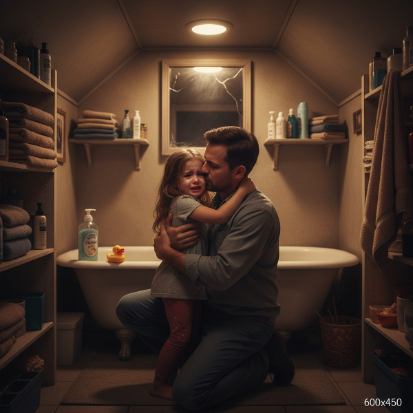 En omsorgsfull far trøster sin engstelige lille datter i et lite bad. Bildet viser klaustrofobi og stress, med fokus på trygghet og følelsesmessig tilknytning.