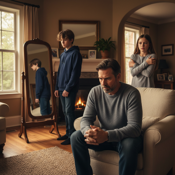 En far reflekterer i stuen mens tenåringssønn ser i speil og datter viser tegn til angst. Bildet viser familiens utfordringer og ønske om trygghet.