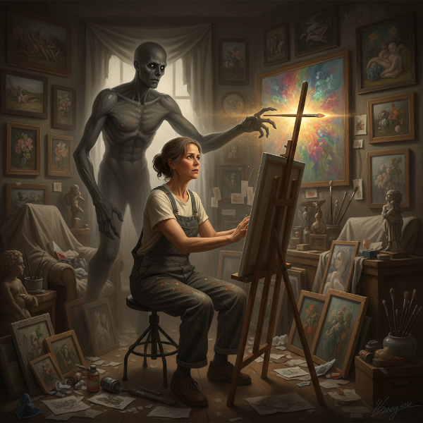 En kunstner i sin atelier, omgitt av kunstverk, med en skygge av frykt som truer over henne mens hun nøler med å gripe en lys mulighet.