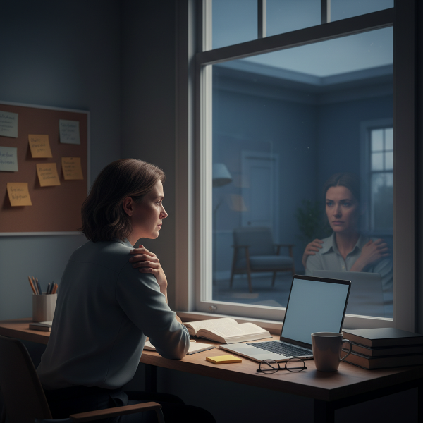 En psykolog som føler ensomhet etter en dag med online terapi, med spente skuldre og tomhet i et hjemmekontor om kvelden.