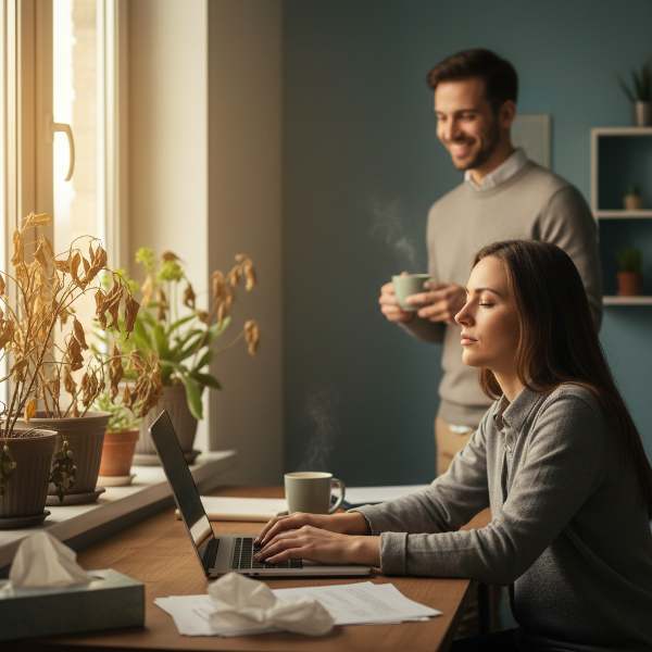 En utslitt kvinnelig terapeut ved et hjemmekontor med en laptop, omgitt av tegn på apati og utbrenthet, mens en støttende partner er til stede i bakgrunnen.