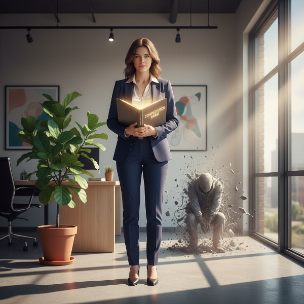 En kvinnelig økonomirådgiver i et kontorlandskap som symbolsk overvinner tvil og bygger indre selvtillit, med sollys som representerer vekst og klarhet.