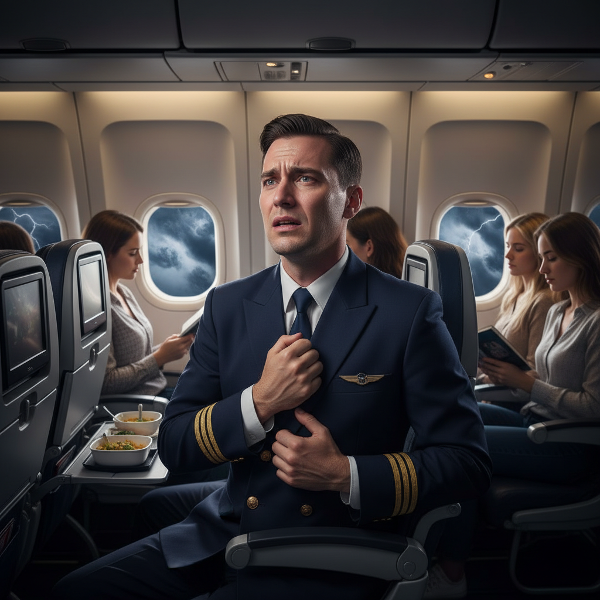 En flyvert i uniform opplever panikkanfall i en flykabine, med tegn på angst som svetting og hjertebank, mens andre passasjerer ser rolige ut.