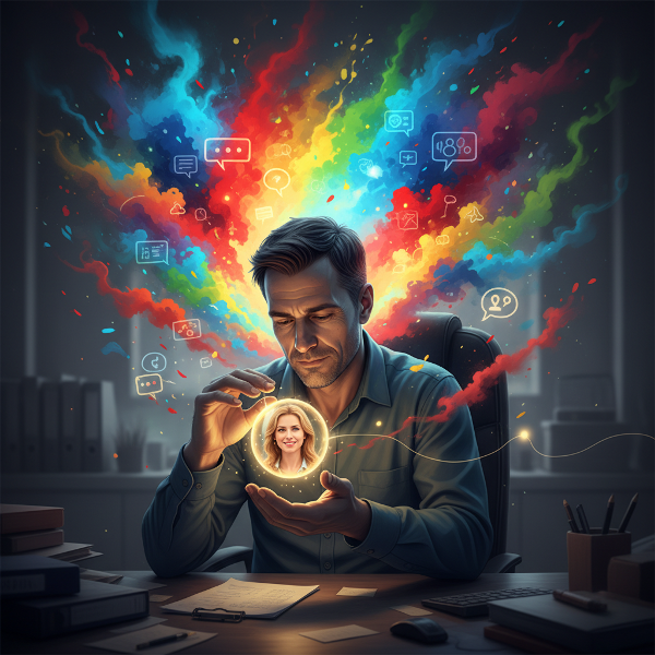 En mann omringet av en storm av følelser og sosiale stimuli på jobb, mens han forsøker å holde fast i et skjørbart, lysende bånd til sin kone hjemme. Bildet viser emosjonell utmattelse og balansegangen mellom selvbeskyttelse og nærhet.