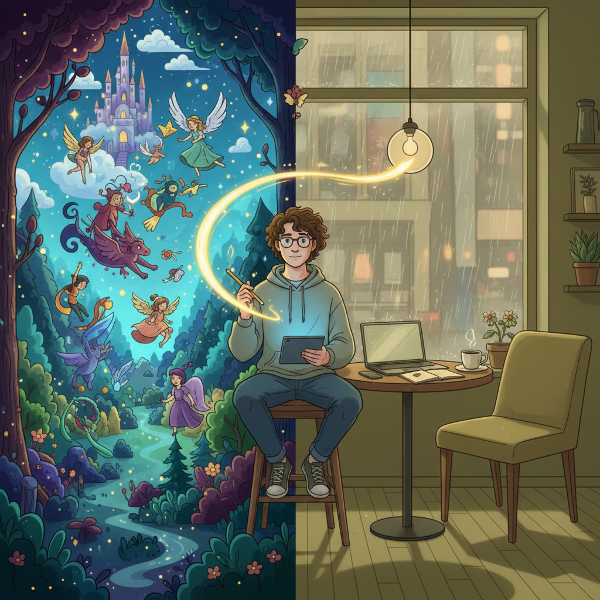 En illustratør sitter mellom en rik fantasiverden og en enkel kaffebar, og skaper en lysbro mellom dem med blyanten sin.