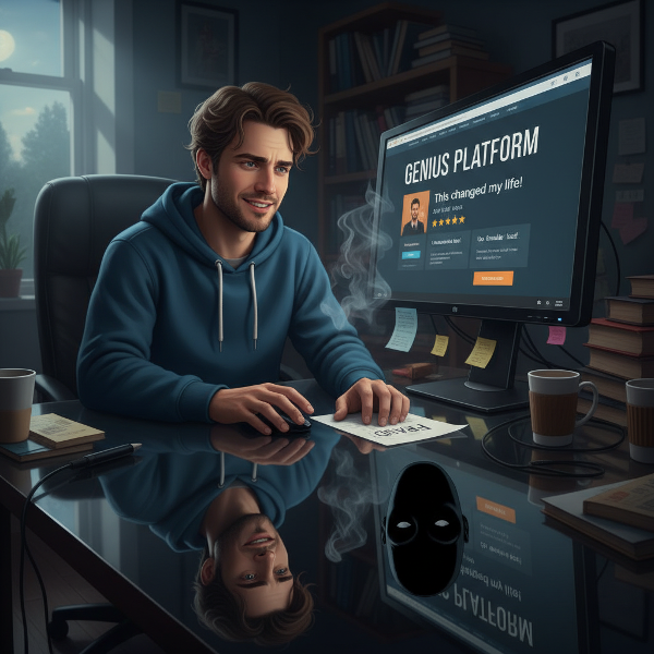 En ung mann ser på sin vellykkede nettside, men speilbildet viser en maskert bedrager, og illustrerer konflikten mellom ytre suksess og indre tvil.