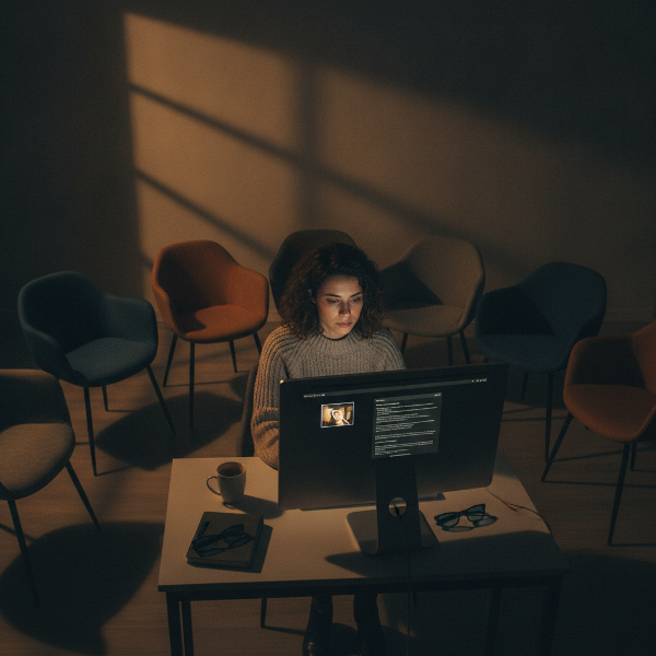 En kvinne sitter foran en skjerm i et dunkelt rom, med en følelse av tomhet og refleksjon rundt digitale samtaler og savn etter familie.
