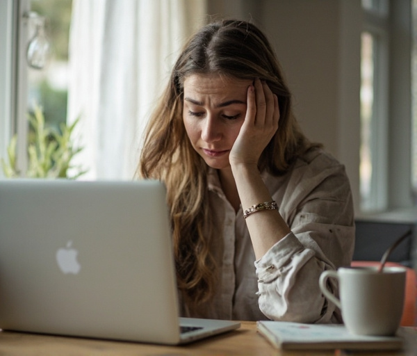 Kvinne foran laptop med arbeid, men også te og notatbok som viser grensesetting og ro.