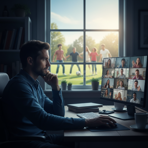 En mann føler seg ensom og adskilt fra et livlig fellesskap utenfor, fanget bak en usynlig mur mens han ser på fra innsiden av sitt hjemmekontor.