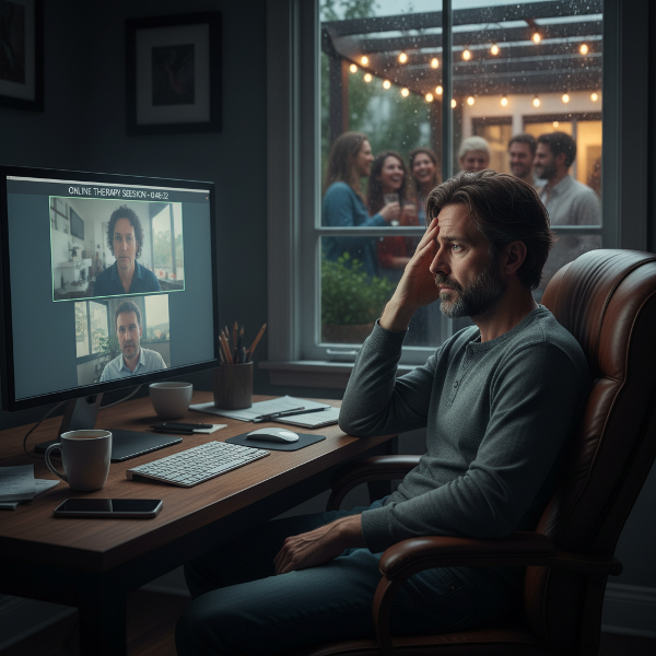 En mann føler seg alene og utbrent mens han arbeider som online psykolog, med en følelse av avstand til et sosialt liv utenfor.