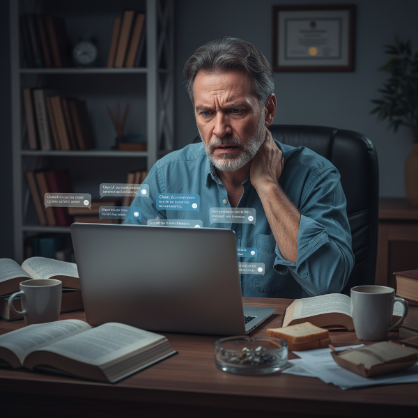 En stresset mannlig psykolog på hjemmekontor om kvelden, omgitt av digitale meldinger og fysisk spenning.