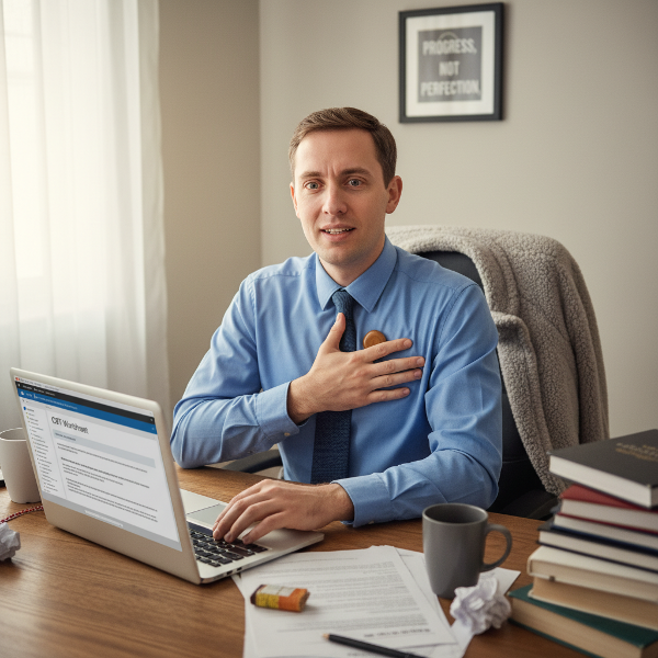 En mannlig psykolog som jobber hjemmefra med en laptop, omgitt av CBT-verktøy og pusteteknikk-notater, mens han ser ut mot et vindu med et uttrykk som blander fokus og utmattelse.