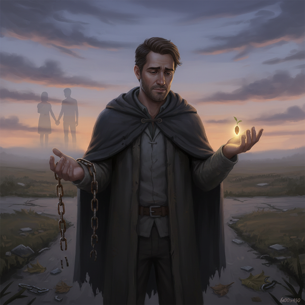 En mann ved et veikryss holder en ødelagt kjede og et spirrende frø, som symboliserer tapet av et vennskap og håp om fornyelse.