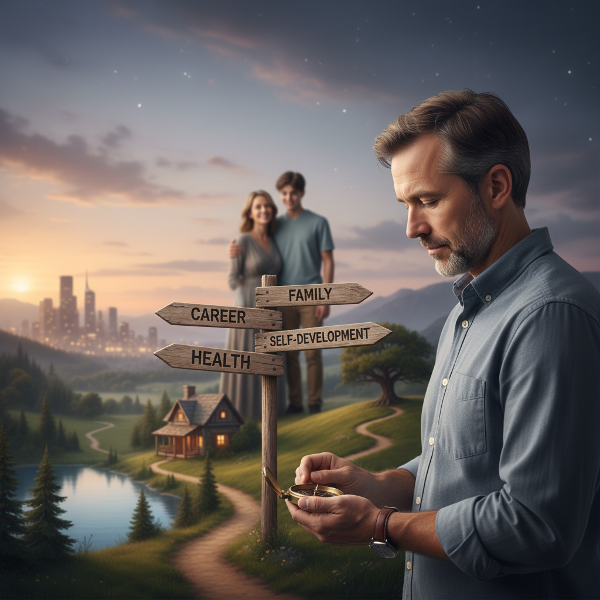 En mann ved et veikryss med kompass, omgitt av symboler for karriere, familie, helse og selvutvikling, med familie i bakgrunnen.