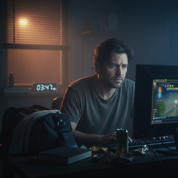 En mann i 30-årene opplever konflikt mellom kveldsspill og andre livsområder i et mørkt rom.