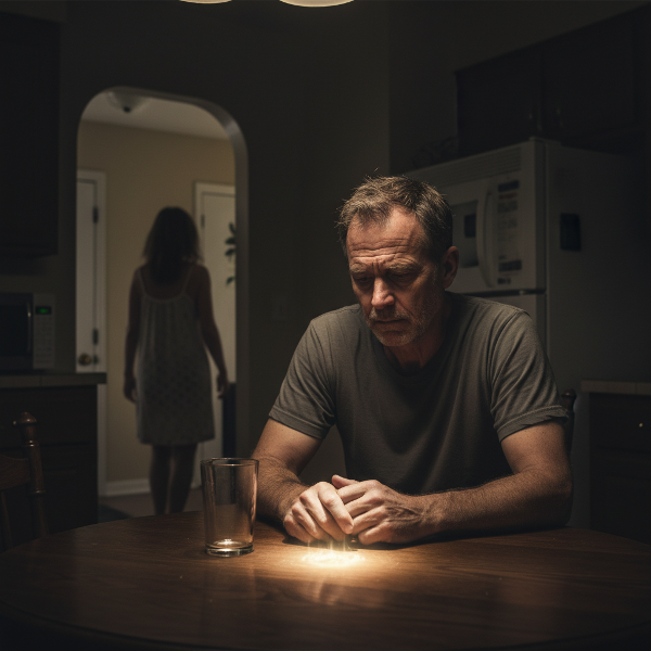En mann sitter alene ved et kjøkkenbord om kvelden, med et tomt glass foran seg. En kvinne vender seg bort i bakgrunnen. Et svakt, håpefullt lys skinner på bordet.