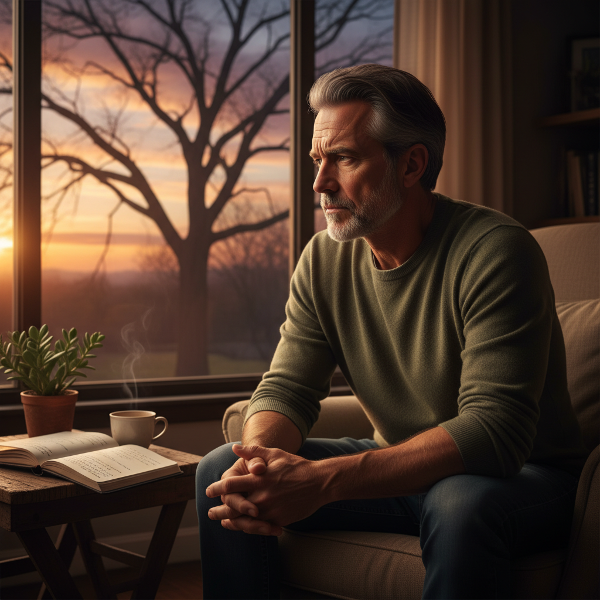 En mann i midten av livet reflekterer stille ved et vindu i tusmørke, omgitt av gjenstander som symboliserer rehabilitering og håp.
