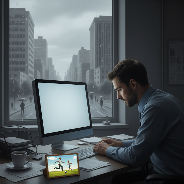 En mann i førtiårene opplever apati og depresjon ved skrivebordet sitt, omgitt av en grå verden, med et fargerikt minne om bedre tider.