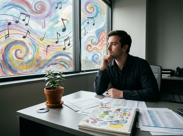 En mann på kontor ser ut vinduet mot en kreativ, fargerik verden, symbolsk for konflikten mellom trygghet og lidenskap.