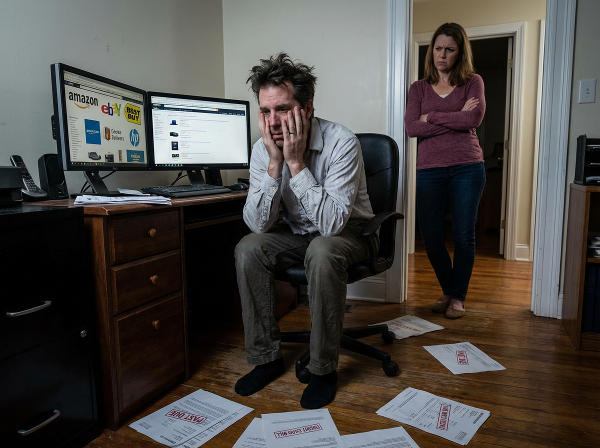 En mann sitter foran en datamaskin med nettbutikker åpne, mens konen hans ser sint og skuffet ut. Kredittkortregninger ligger strødd på gulvet.