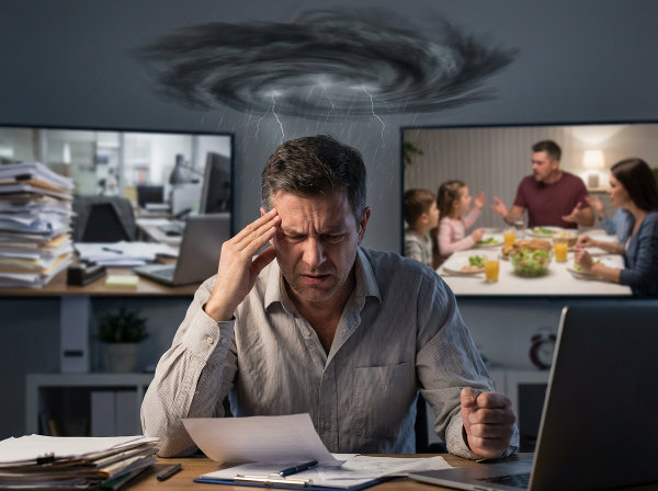 En mann i konflikt mellom jobbstress og familietilværelse, med indre sinne som en mørk sky over hodet.