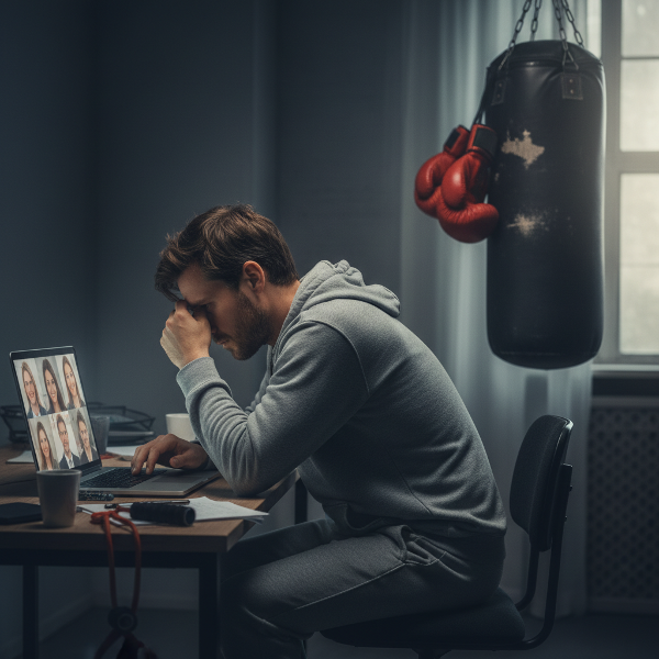 En mann i hjemmekontor unngår videomøter, med en kickboksepose i bakgrunnen og forvrengte refleksjoner av andre på skjermen som symboliserer sosial angst og sammenligning.