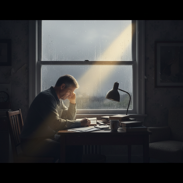 En mann i 50-årene som føler seg apatisk og stresset, sittende alene i et mørkt rom med et glimt av håp i vinduet.